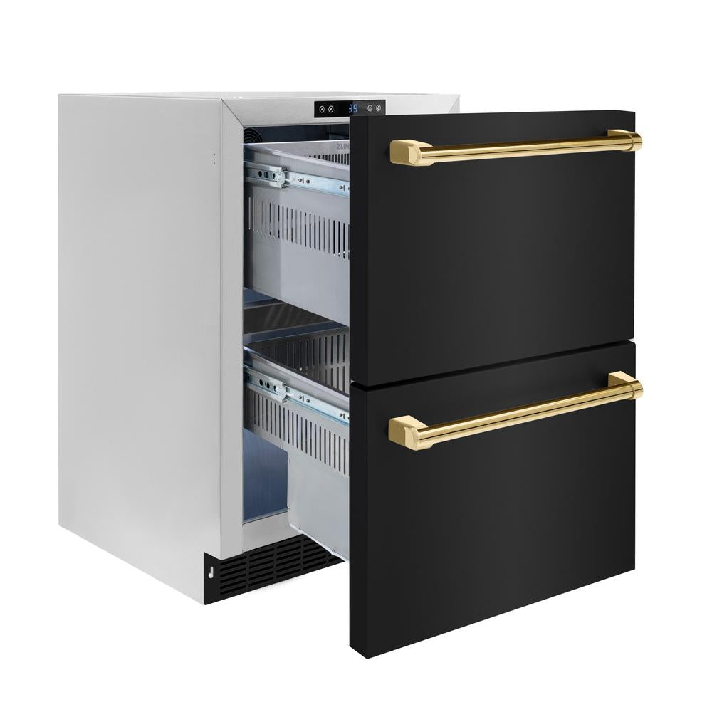 ZLINE Autograph Edition 24 in. Touchstone 168 Can Outdoor-Rated Dual Refrigerator Drawer with Black Stainless Steel Doors and Polished Gold Handles (RDSOZ-BS-24-G) - (RDSOZBS24G) -