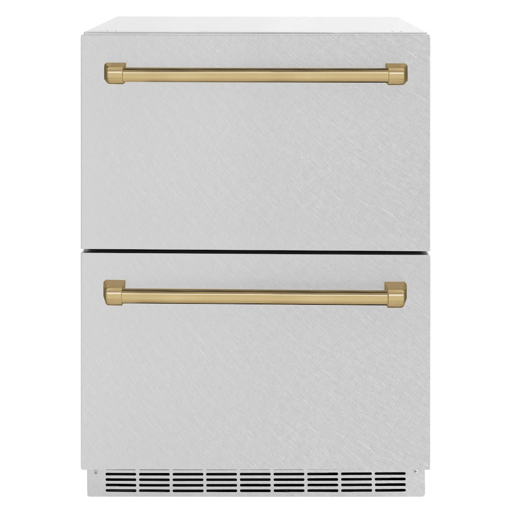 ZLINE Autograph Edition 24 in. Touchstone 168 Can Outdoor-Rated Dual Refrigerator Drawer with DuraSnow® Stainless Steel Doors and Champagne Bronze Handles (RDSOZ-SN-24-CB) - (RDSOZSN24CB) -