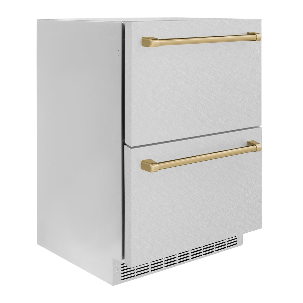 ZLINE Autograph Edition 24 in. Touchstone 168 Can Outdoor-Rated Dual Refrigerator Drawer with DuraSnow® Stainless Steel Doors and Champagne Bronze Handles (RDSOZ-SN-24-CB) - (RDSOZSN24CB) -