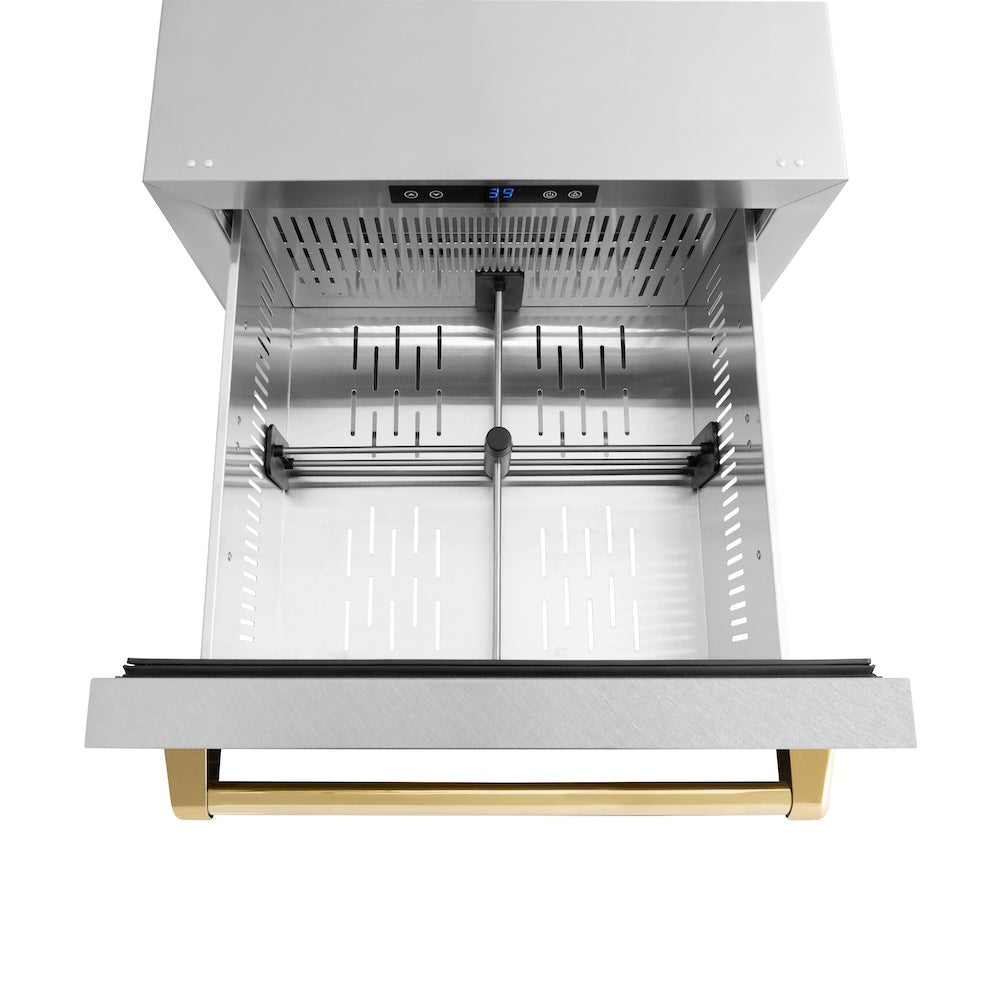 ZLINE Autograph Edition 24 in. Touchstone 168 Can Outdoor-Rated Dual Refrigerator Drawer with DuraSnow® Stainless Steel Doors and Polished Gold Handles (RDSOZ-SN-24-G) - (RDSOZSN24G) -