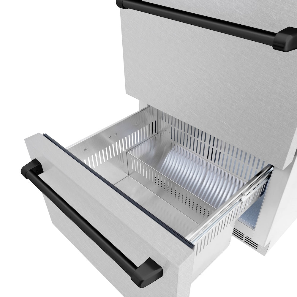 ZLINE Autograph Edition 24 in. Touchstone 168 Can Outdoor-Rated Dual Refrigerator Drawer with DuraSnow® Stainless Steel Doors and Matte Black Handles (RDSOZ-SN-24-MB) - (RDSOZSN24MB) -