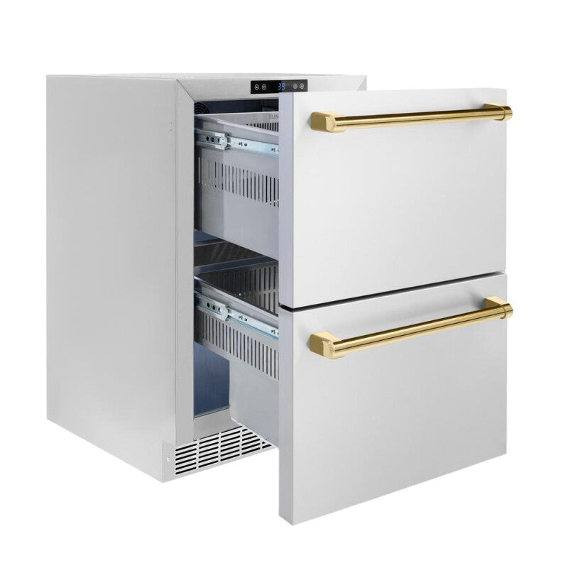 ZLINE Autograph Edition 24 in. Touchstone 168 Can Outdoor-Rated Dual Refrigerator Drawer with Stainless Steel Doors and Polished Gold Handles (RDSOZ-ST-24-G) - (RDSOZST24G) -