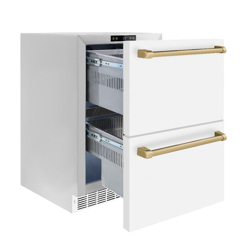 Autograph Edition 24 in. Touchstone 168 Can Outdoor-Rated Dual Refrigerator Drawer with White Matte Doors and Champagne Bronze Handles - (RDSOZWM24CB) -