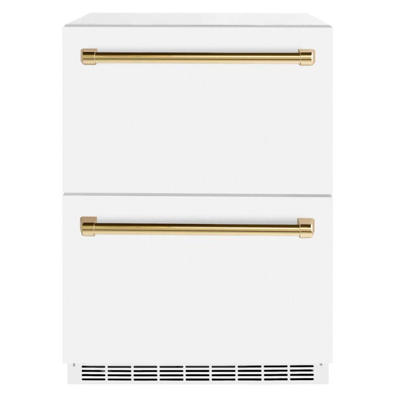 Autograph Edition 24 in. Touchstone 168 Can Outdoor-Rated Dual Refrigerator Drawer with White Matte Doors and Polished Gold Handles - (RDSOZWM24G) -