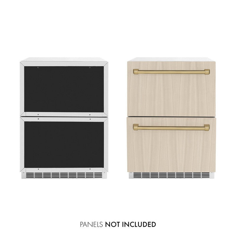 ZLINE Autograph Edition 24 in. Touchstone 168 Can Outdoor-Rated Dual Refrigerator Drawer with Panel-Ready Doors and Champagne Bronze Handles (RDSPOZ-24-CB) - (RDSPOZ24CB) -