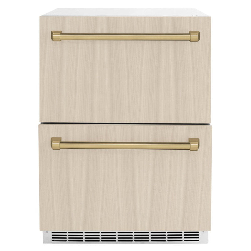 ZLINE Autograph Edition 24 in. Touchstone 168 Can Outdoor-Rated Dual Refrigerator Drawer with Panel-Ready Doors and Champagne Bronze Handles (RDSPOZ-24-CB) - (RDSPOZ24CB) -