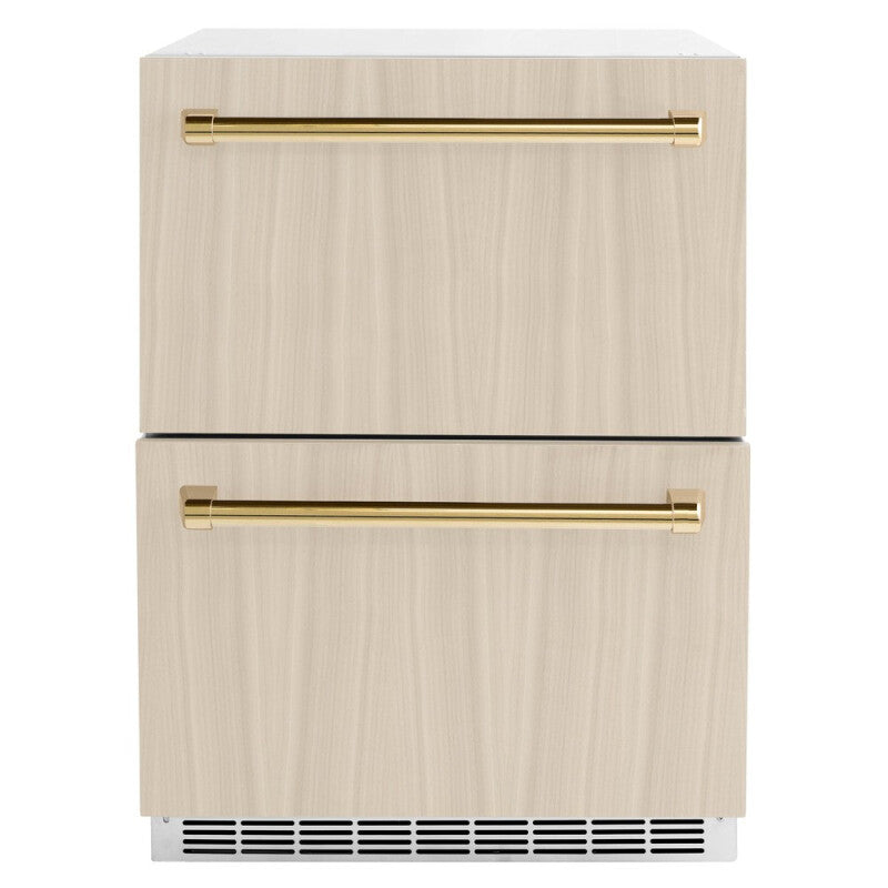 ZLINE Autograph Edition 24 in. Touchstone 168 Can Outdoor-Rated Dual Refrigerator Drawer with Panel-Ready Doors and Polished Gold Handles (RDSPOZ-24-G) - (RDSPOZ24G) -