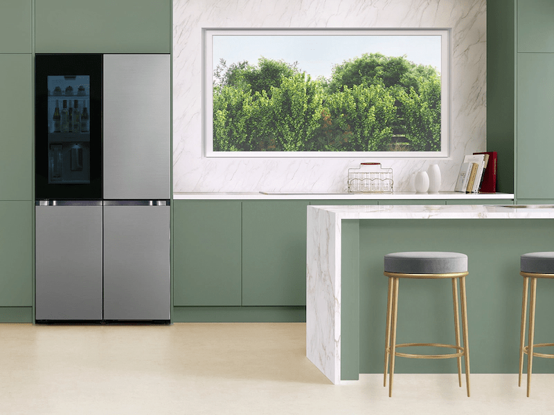 Bespoke Counter Depth 4-Door Flex™ Refrigerator (23 cu. ft.) with Beverage Zone™ and Auto Open Door in Stainless Steel - (RF23DB9700QLAA)