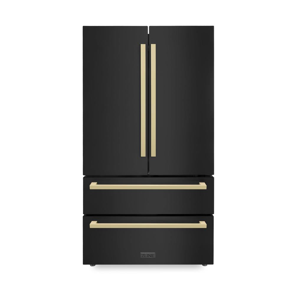 36"Autograph Edition 22.5 cu. ft 4-Door French Door Refrigerator with Ice Maker in Black Stainless Steel with Champagne Bronze Square Handles - (RFMZ36BSFCB) -