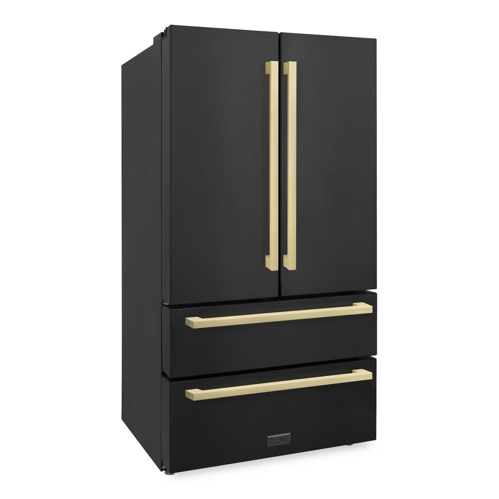 36"Autograph Edition 22.5 cu. ft 4-Door French Door Refrigerator with Ice Maker in Black Stainless Steel with Champagne Bronze Square Handles - (RFMZ36BSFCB) -