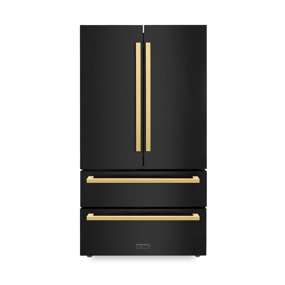 36in. Autograph Edition 22.5 cu. ft 4-Door French Door Refrigerator with Ice Maker in Black Stainless Steel with Polished Gold Square Handles - (RFMZ36BSFG) -