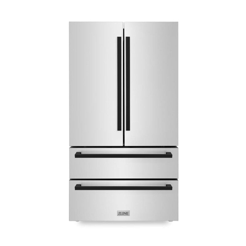 ZLINE Autograph Edition 36 in. 22.5 cu. ft. Counter-Depth French Door Refrigerator with Ice Maker in Fingerprint-Resistant Stainless Steel with Matte Black Modern Handles (RFMZ-36-FMB) - (RFMZ36FMB) -
