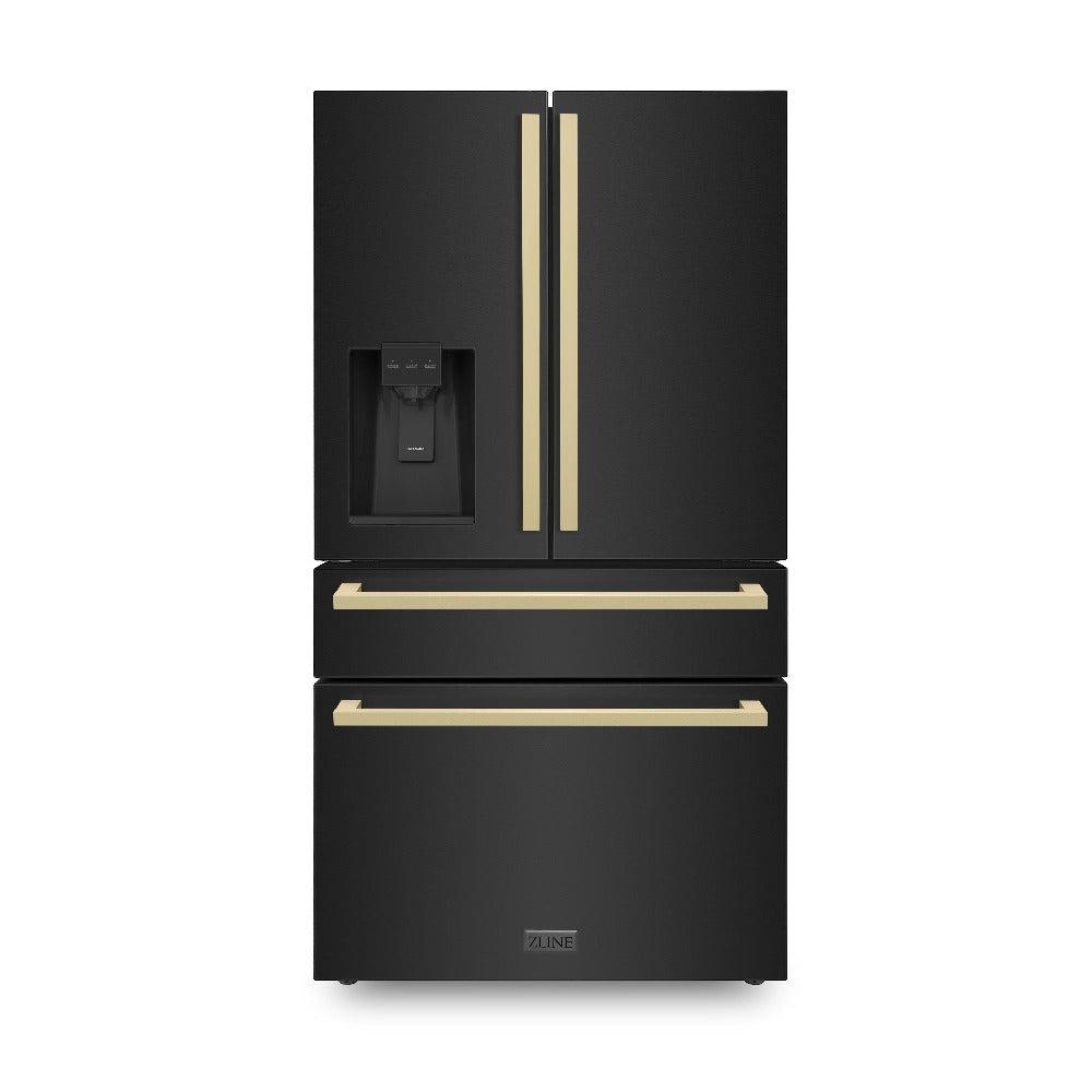 36"Autograph Edition 21.6 cu. ft 4-Door French Door Refrigerator with Water and Ice Dispenser in Black Stainless Steel with Champagne Bronze Square Handles - (RFMZW36BSFCB) -