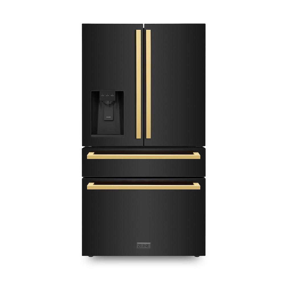 36in. Autograph Edition 21.6 cu. ft 4-Door French Door Refrigerator with Water and Ice Dispenser in Black Stainless Steel with Polished Gold Square Handles - (RFMZW36BSFG) -