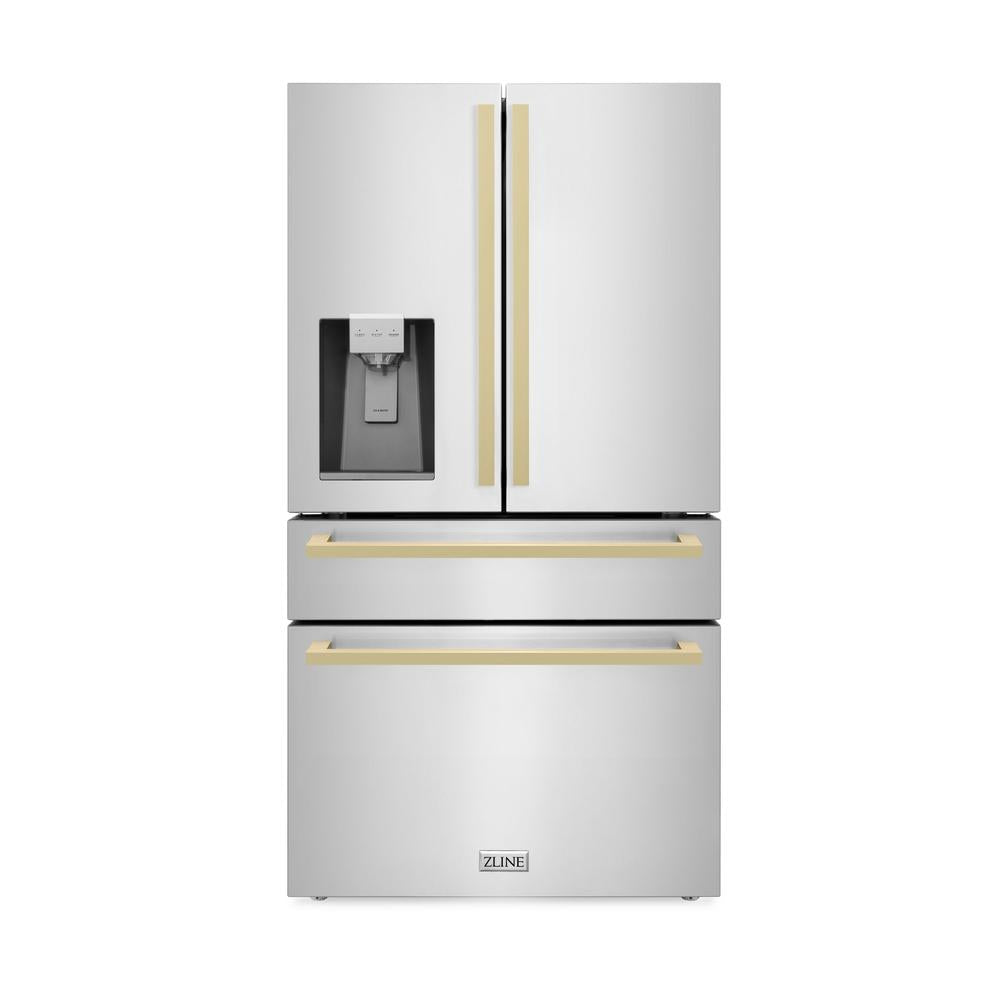 36"Autograph Edition 21.6 cu. ft 4-Door French Door Refrigerator with Water and Ice Dispenser in Stainless Steel with Champagne Bronze Square Handles - (RFMZW36FCB) -