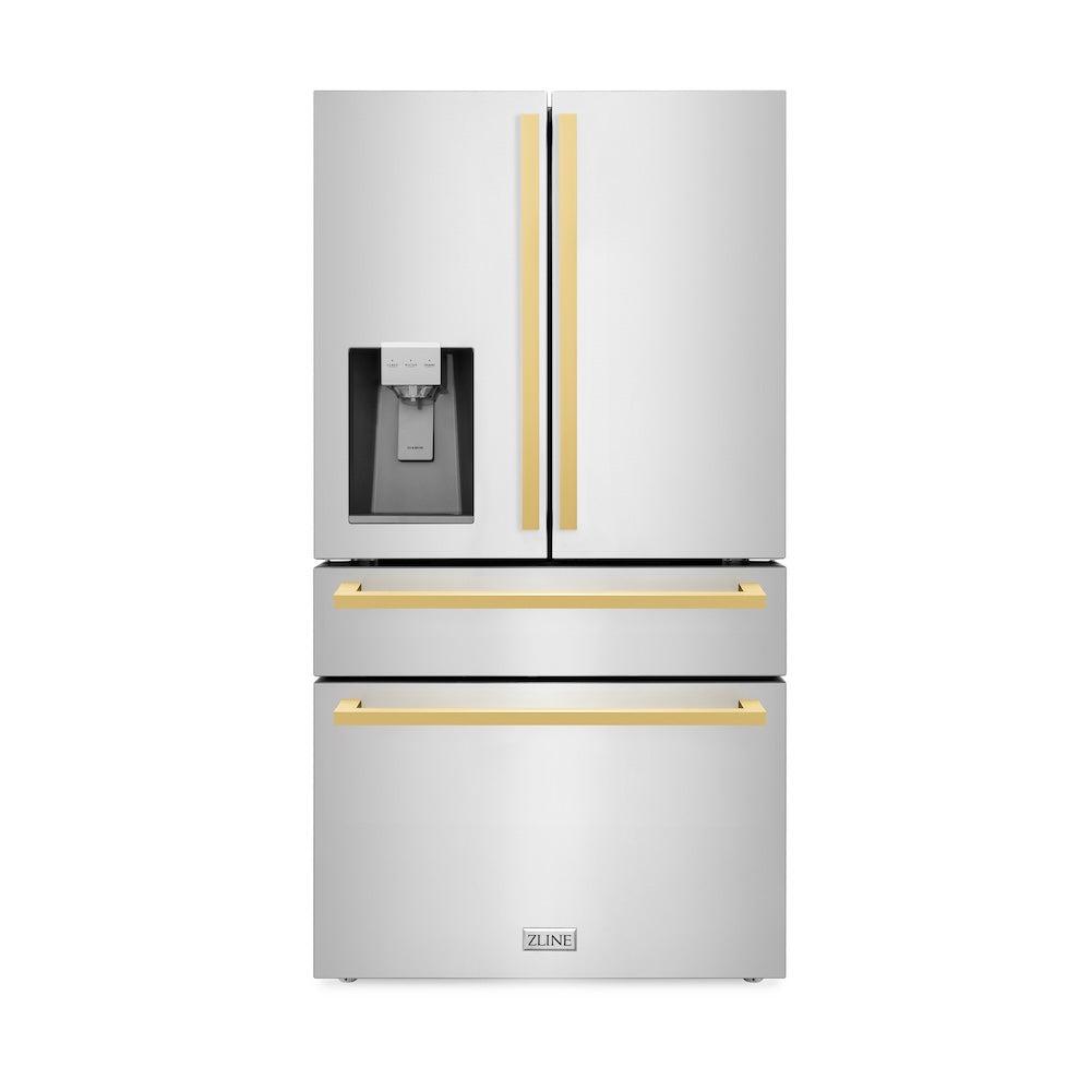 36in. Autograph Edition 21.6 cu. ft 4-Door French Door Refrigerator with Water and Ice Dispenser in Stainless Steel with Polished Gold Square Handles - (RFMZW36FG) -
