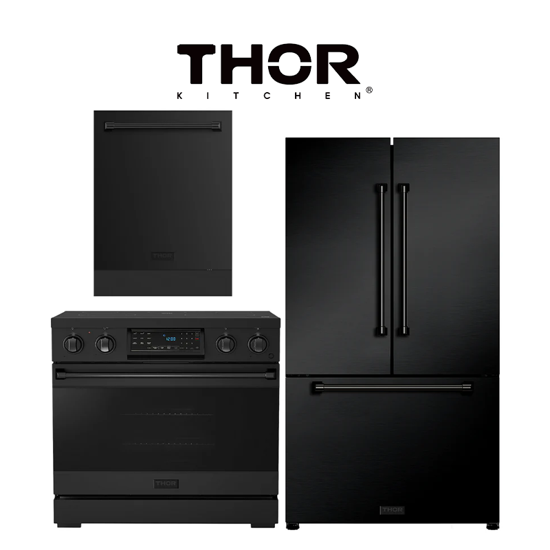 Gordon Ramsay by THOR Kitchen Package - 36" Electric Range, 36" Refrigerat Ice Maker and Dishwasher in Black Matte with Black Accents, AP-RSE36B-2or with