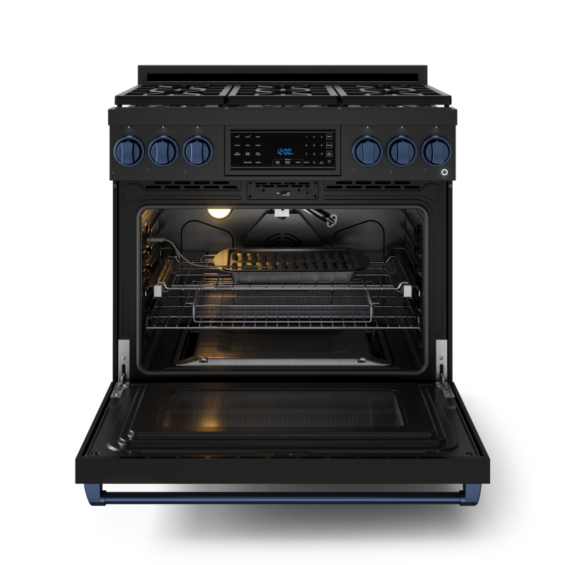 36 Inch Professional Gas Range with Tilt Panel Touch Control in Stainless Black/Blue | Gordon Ramsay Series - (RSG36BBLU) -