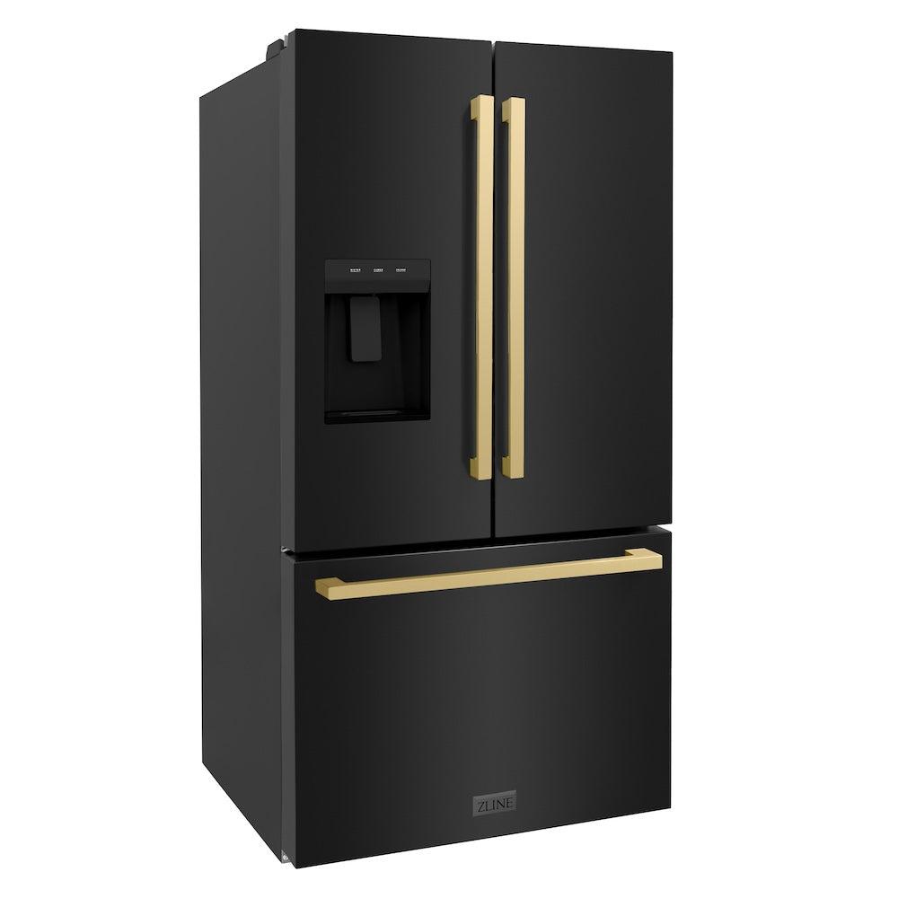 AutographEdition 36 in. 28.9 cu. ft. Standard-Depth French Door External Water Dispenser Refrigerator with Dual Ice Maker in Black Stainless Steel and Champagne Bronze Square Handles - (RSMZW36BSFCB) -