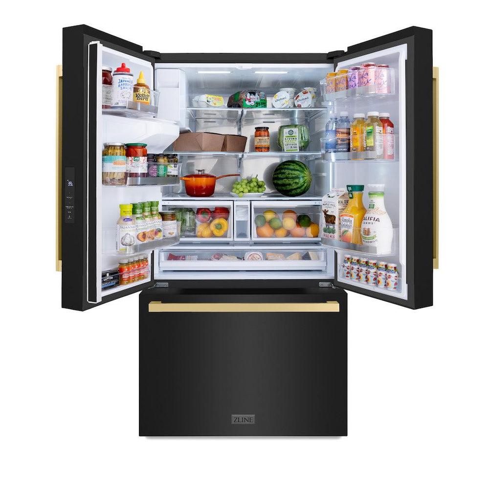 AutographEdition 36 in. 28.9 cu. ft. Standard-Depth French Door External Water Dispenser Refrigerator with Dual Ice Maker in Black Stainless Steel and Champagne Bronze Square Handles - (RSMZW36BSFCB) -