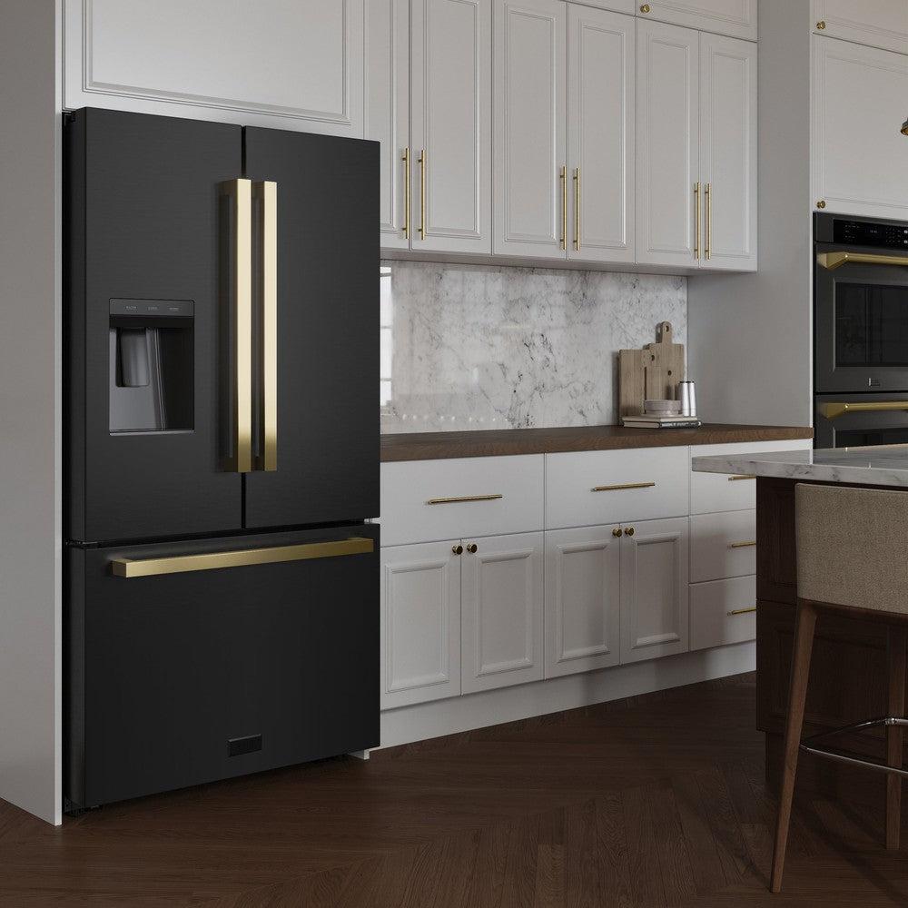 AutographEdition 36 in. 28.9 cu. ft. Standard-Depth French Door External Water Dispenser Refrigerator with Dual Ice Maker in Black Stainless Steel and Polished Gold Square Handles - (RSMZW36BSFG) -