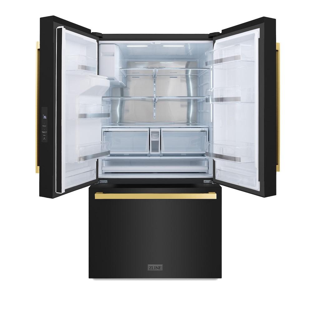AutographEdition 36 in. 28.9 cu. ft. Standard-Depth French Door External Water Dispenser Refrigerator with Dual Ice Maker in Black Stainless Steel and Polished Gold Square Handles - (RSMZW36BSFG) -