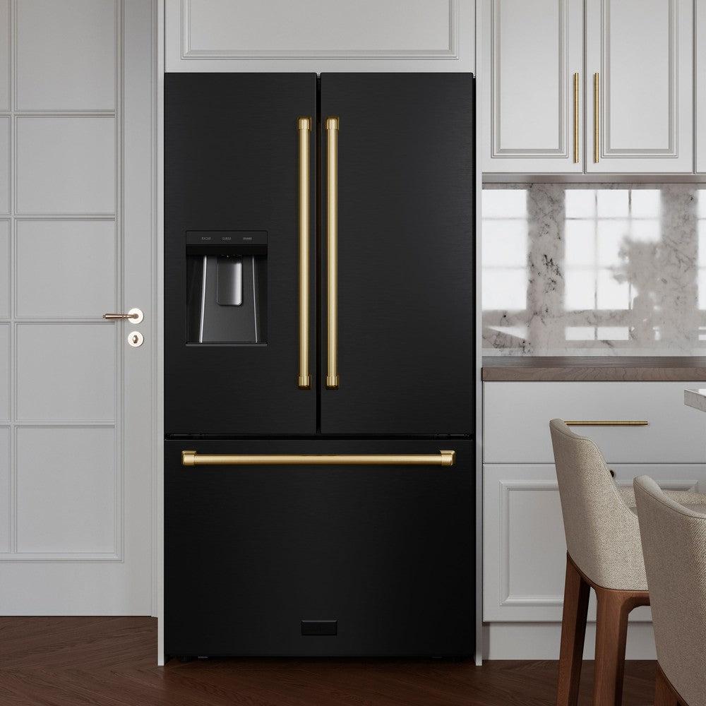 AutographEdition 36 in. 28.9 cu. ft. Standard-Depth French Door External Water Dispenser Refrigerator with Dual Ice Maker in Black Stainless Steel and Polished Gold Handles - (RSMZW36BSG) -