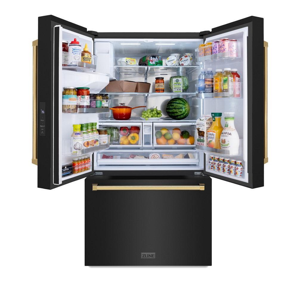 AutographEdition 36 in. 28.9 cu. ft. Standard-Depth French Door External Water Dispenser Refrigerator with Dual Ice Maker in Black Stainless Steel and Polished Gold Handles - (RSMZW36BSG) -