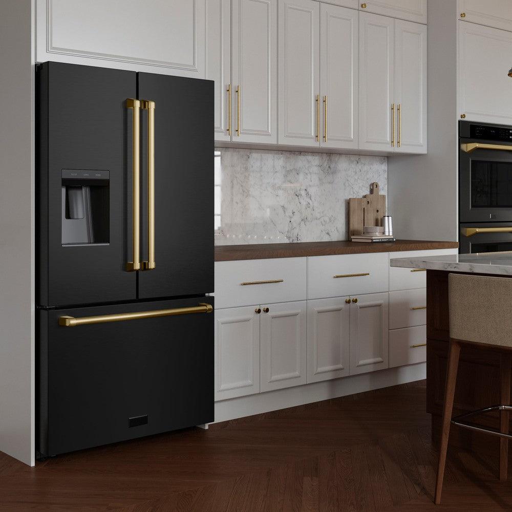 AutographEdition 36 in. 28.9 cu. ft. Standard-Depth French Door External Water Dispenser Refrigerator with Dual Ice Maker in Black Stainless Steel and Polished Gold Handles - (RSMZW36BSG) -