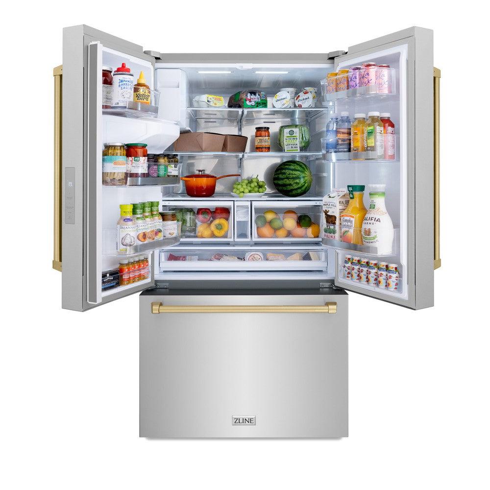 AutographEdition 36 in. 28.9 cu. ft. Standard-Depth French Door External Water Dispenser Refrigerator with Dual Ice Maker in Fingerprint Resistant Stainless Steel and Champagne Bronze Handles - (RSMZW36CB) -