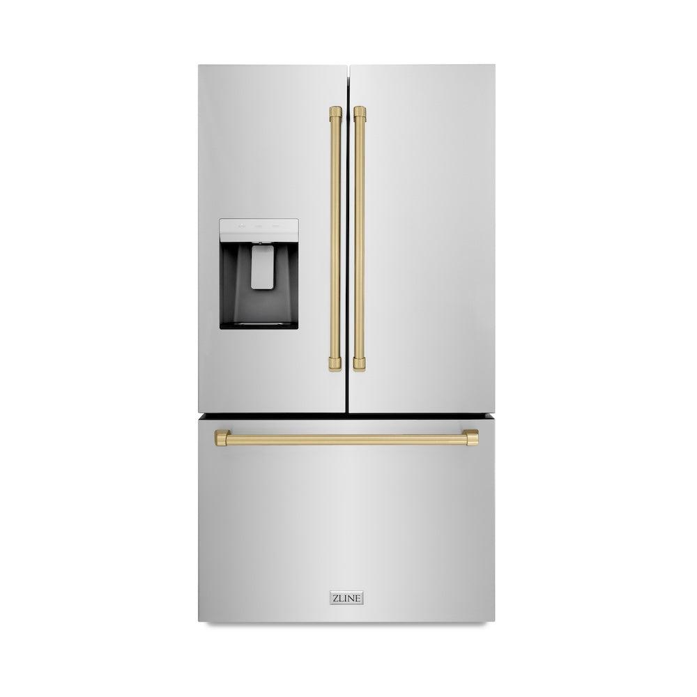 AutographEdition 36 in. 28.9 cu. ft. Standard-Depth French Door External Water Dispenser Refrigerator with Dual Ice Maker in Fingerprint Resistant Stainless Steel and Champagne Bronze Handles - (RSMZW36CB) -
