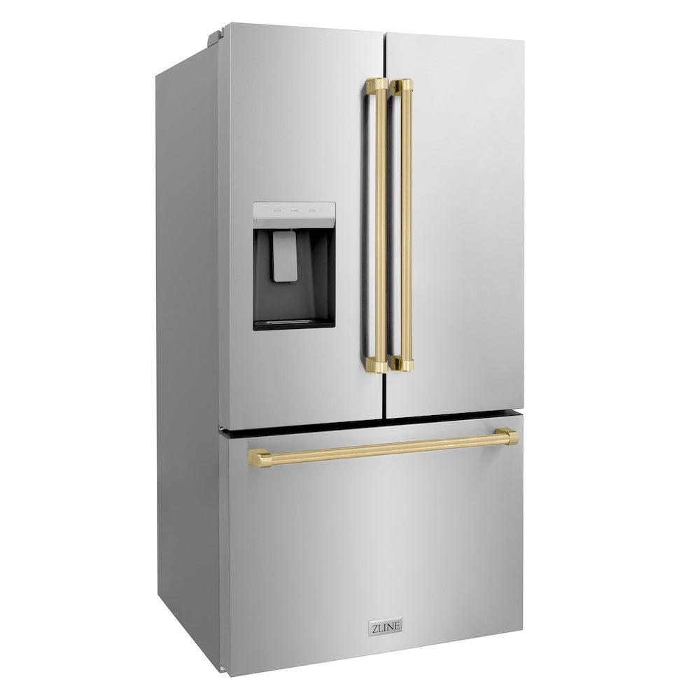 AutographEdition 36 in. 28.9 cu. ft. Standard-Depth French Door External Water Dispenser Refrigerator with Dual Ice Maker in Fingerprint Resistant Stainless Steel and Champagne Bronze Handles - (RSMZW36CB) -