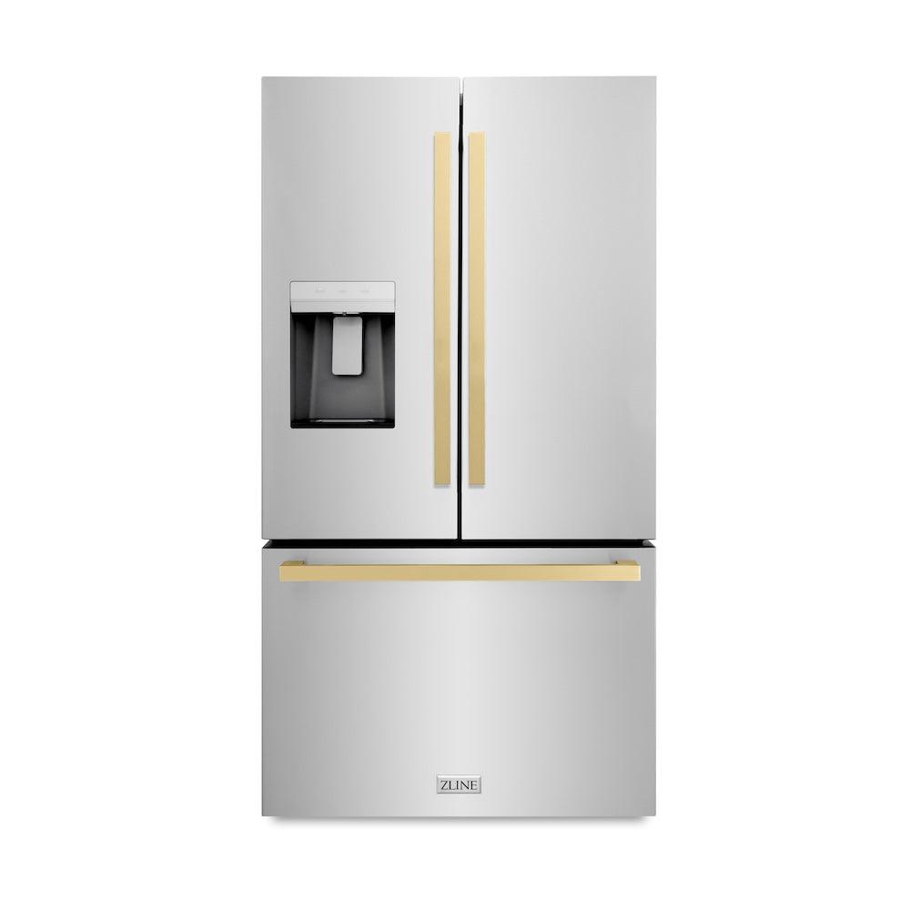 AutographEdition 36 in. 28.9 cu. ft. Standard-Depth French Door External Water Dispenser Refrigerator with Dual Ice Maker in Fingerprint Resistant Stainless Steel and Champagne Bronze Square Handles - (RSMZW36FCB) -