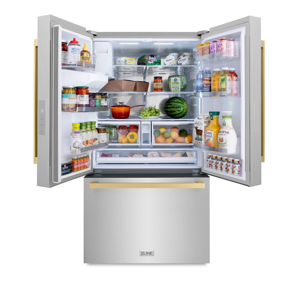 AutographEdition 36 in. 28.9 cu. ft. Standard-Depth French Door External Water Dispenser Refrigerator with Dual Ice Maker in Fingerprint Resistant Stainless Steel and Champagne Bronze Square Handles - (RSMZW36FCB) -