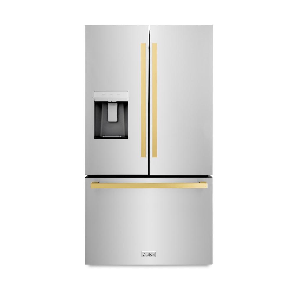 AutographEdition 36 in. 28.9 cu. ft. Standard-Depth French Door External Water Dispenser Refrigerator with Dual Ice Maker in Fingerprint Resistant Stainless Steel and Polished Gold Square Handles - (RSMZW36FG) -