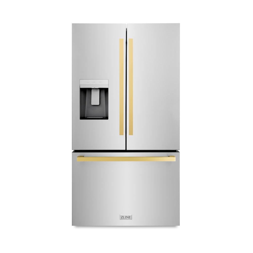 AutographEdition 36 in. 28.9 cu. ft. Standard-Depth French Door External Water Dispenser Refrigerator with Dual Ice Maker in Fingerprint Resistant Stainless Steel and Polished Gold Square Handles - (RSMZW36FG) -