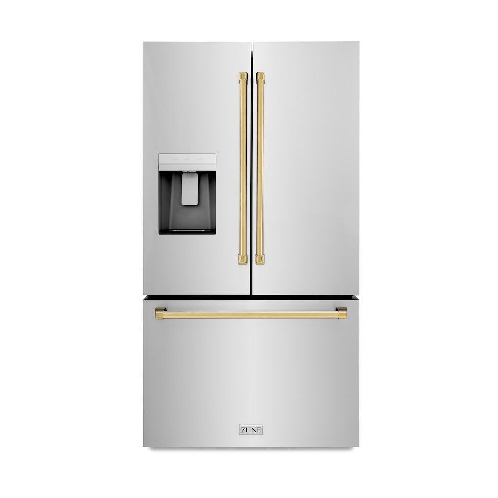 AutographEdition 36 in. 28.9 cu. ft. Standard-Depth French Door External Water Dispenser Refrigerator with Dual Ice Maker in Fingerprint Resistant Stainless Steel and Polished Gold Handles - (RSMZW36G) -
