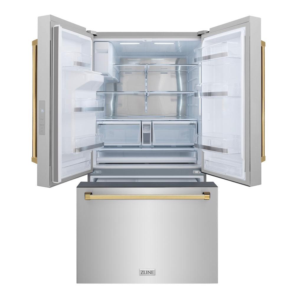 AutographEdition 36 in. 28.9 cu. ft. Standard-Depth French Door External Water Dispenser Refrigerator with Dual Ice Maker in Fingerprint Resistant Stainless Steel and Polished Gold Handles - (RSMZW36G) -
