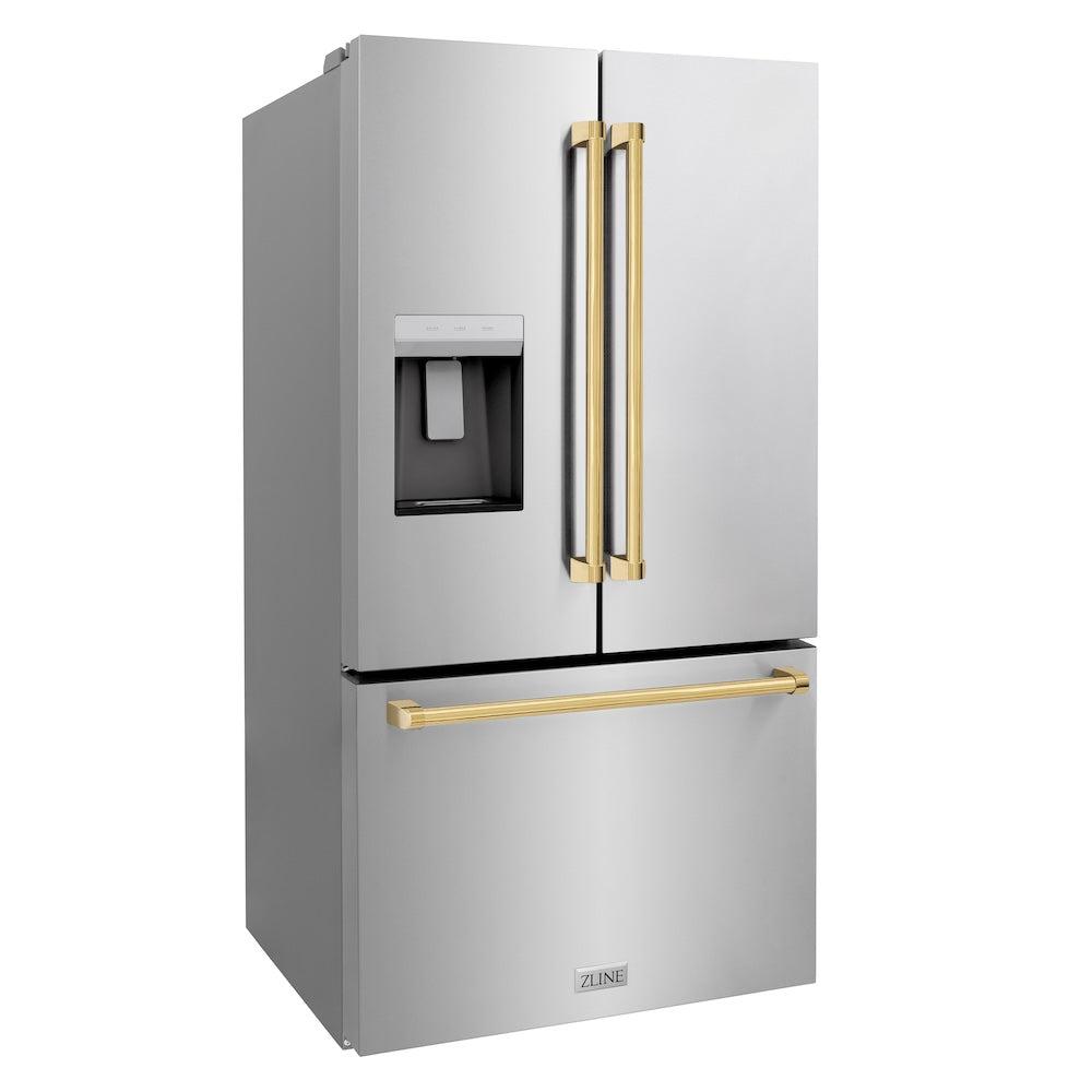 AutographEdition 36 in. 28.9 cu. ft. Standard-Depth French Door External Water Dispenser Refrigerator with Dual Ice Maker in Fingerprint Resistant Stainless Steel and Polished Gold Handles - (RSMZW36G) -