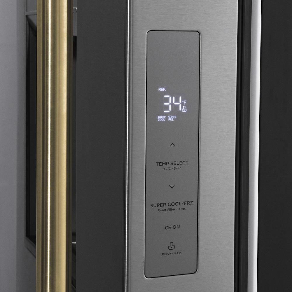 AutographEdition 36 in. 28.9 cu. ft. Standard-Depth French Door External Water Dispenser Refrigerator with Dual Ice Maker in Fingerprint Resistant Stainless Steel and Polished Gold Handles - (RSMZW36G) -