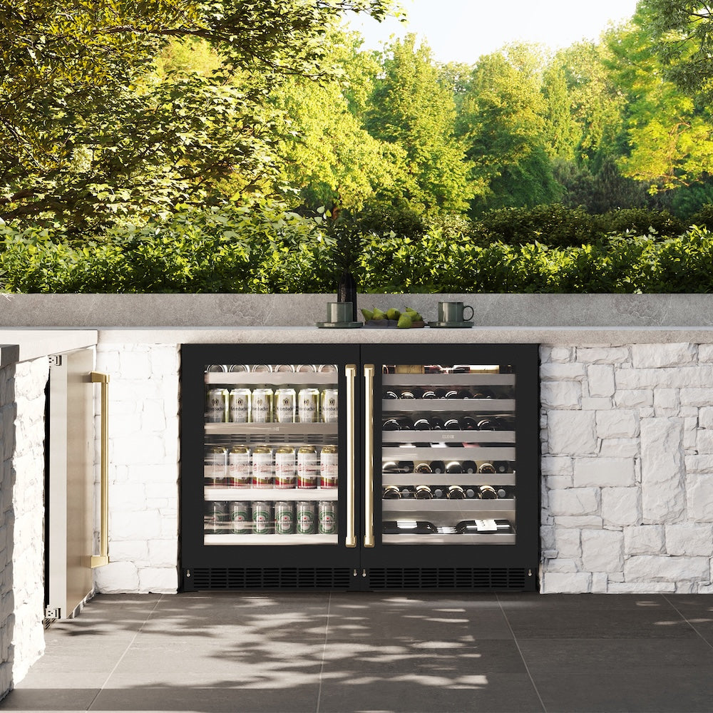 ZLINE Autograph Edition 24 in. Touchstone Dual Zone 44 Bottle Wine Cooler With Black Matte Glass Door And Champagne Bronze Handle (RWDOZ-BLM-24-CB) - (RWDOZBLM24CB) -