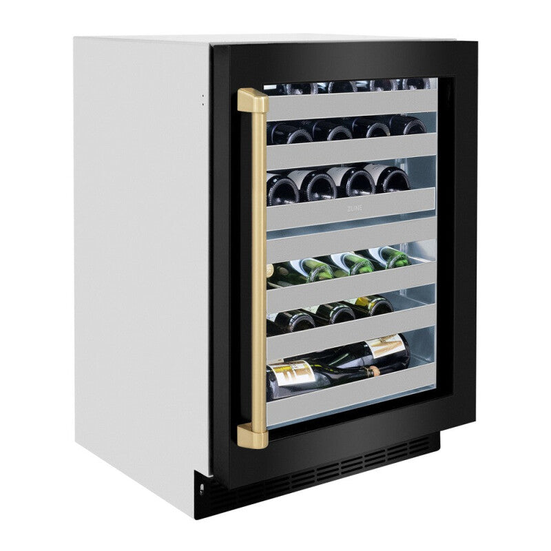 ZLINE Autograph Edition 24 in. Touchstone Dual Zone 44 Bottle Wine Cooler With Black Stainless Steel Glass Door And Champagne Bronze Handle (RWDOZ-BS-24-CB) - (RWDOZBS24CB) -