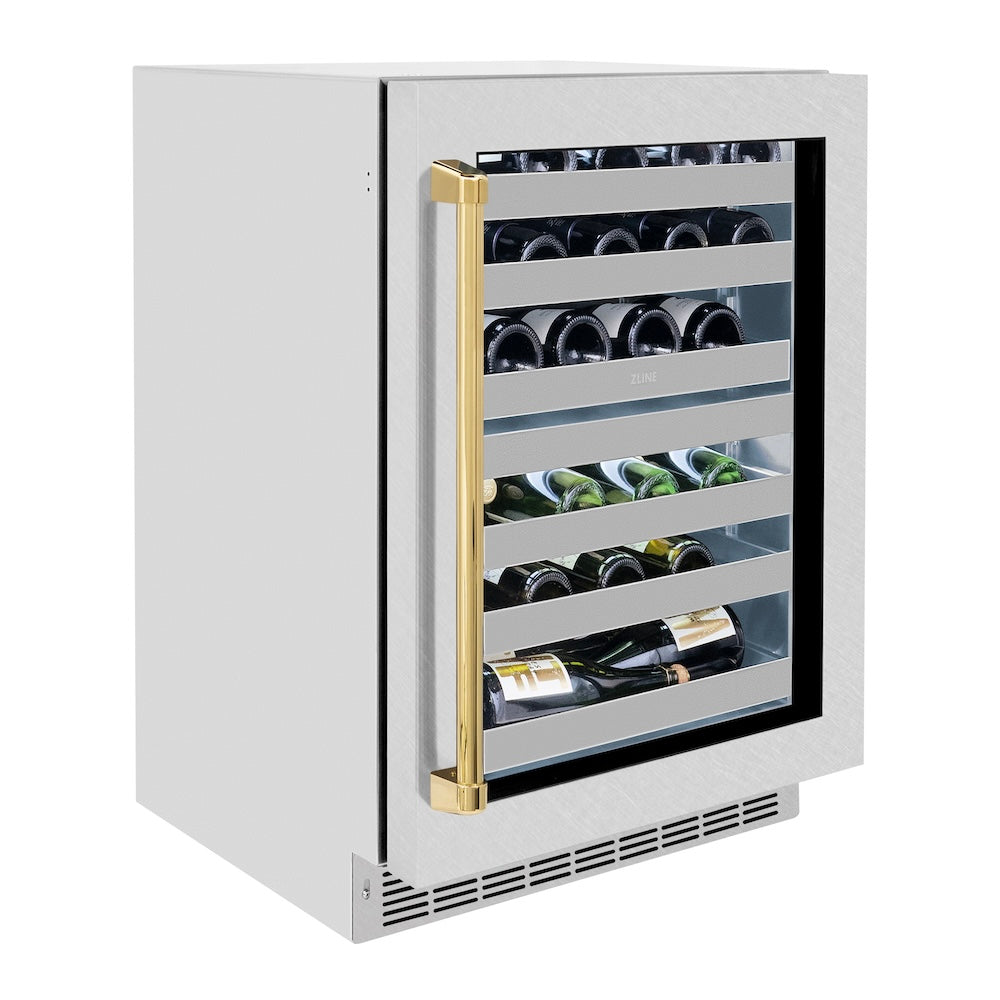 ZLINE Autograph Edition 24 in. Touchstone Dual Zone 44 Bottle Wine Cooler With DuraSnow® Stainless Steel Glass Door And Polished Gold Handle (RWDOZ-SN-24-G) - (RWDOZSN24G) -