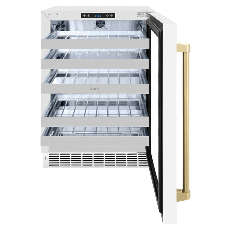 ZLINE Autograph Edition 24 in. Touchstone Dual Zone 44 Bottle Wine Cooler With White Matte Glass Door And Champagne Bronze Handle (RWDOZ-WM-24-CB) - (RWDOZWM24CB) -