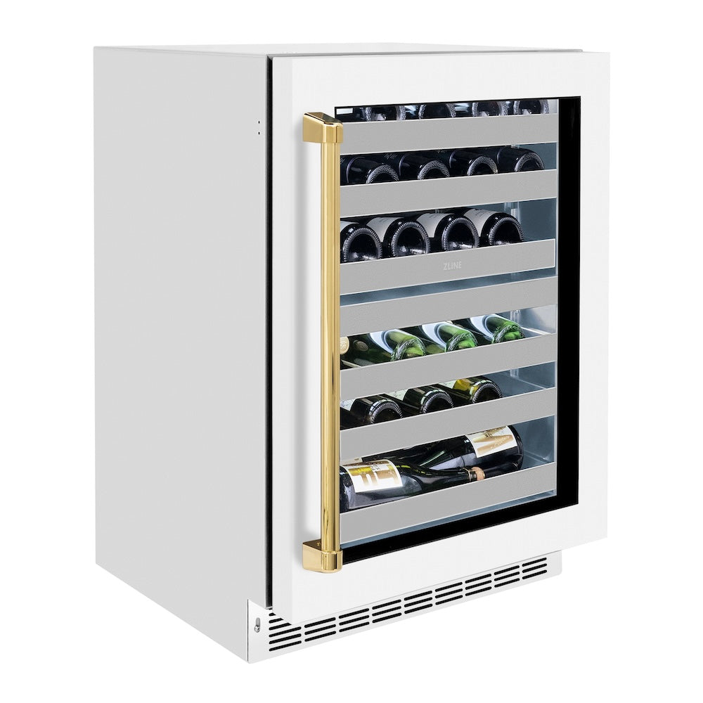 ZLINE Autograph Edition 24 in. Touchstone Dual Zone 44 Bottle Wine Cooler With White Matte Glass Door And Polished Gold Handle (RWDOZ-WM-24-G) - (RWDOZWM24G) -