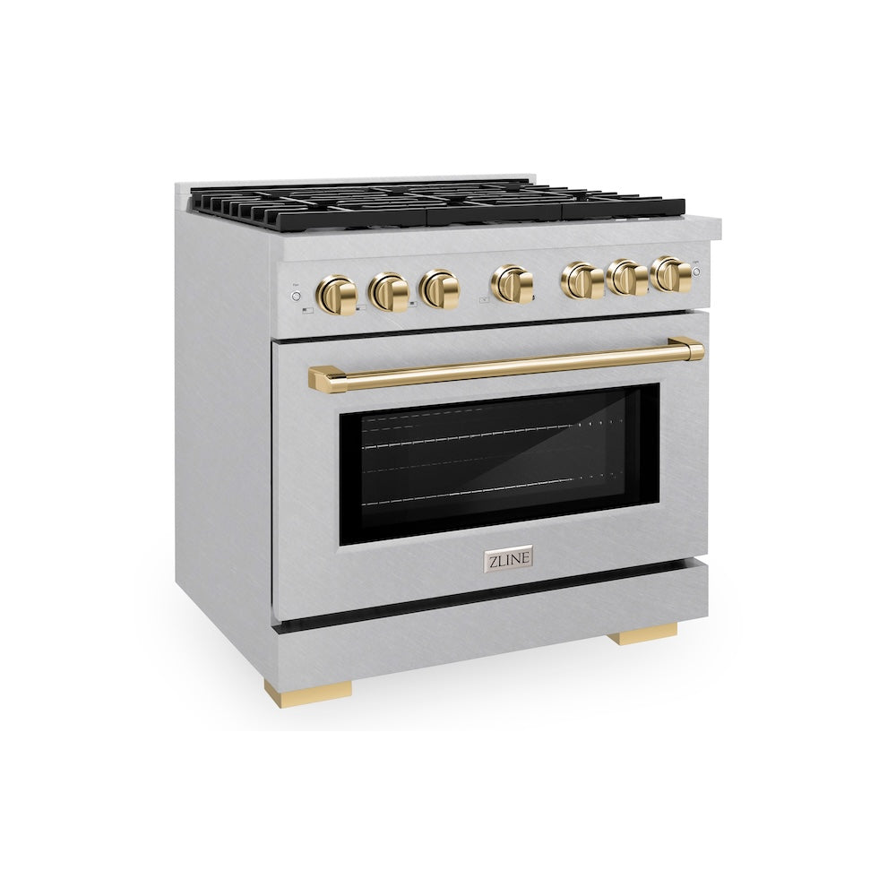 AutographEdition 36 in. 5.2 cu. ft. 6 Burner Gas Range with Convection Gas Oven in DuraSnow Stainless Steel and Polished Gold Accents - (SGRSZ36G) -