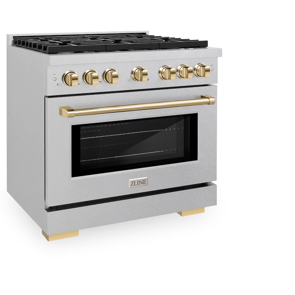 AutographEdition 36 in. 5.2 cu. ft. 6 Burner Gas Range with Convection Gas Oven in DuraSnow Stainless Steel and Polished Gold Accents - (SGRSZ36G) -