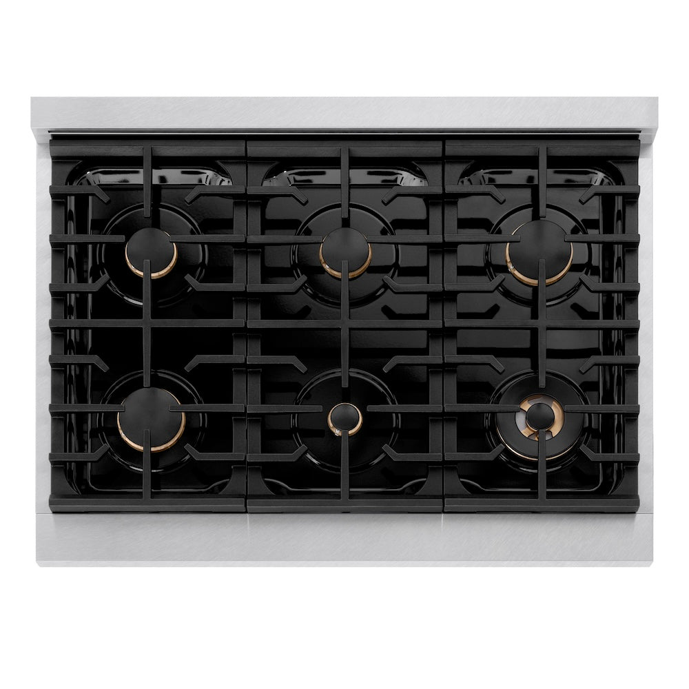 AutographEdition 36 in. 5.2 cu. ft. 6 Burner Gas Range with Convection Gas Oven in DuraSnow Stainless Steel and Polished Gold Accents - (SGRSZ36G) -