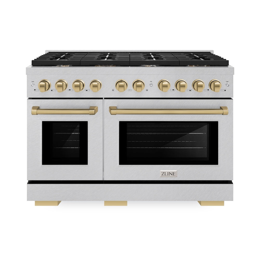 AutographEdition 48 in. 6.7 cu. ft. 8 Burner Double Oven Gas Range in DuraSnow Stainless Steel and Champagne Bronze Accents - (SGRSZ48CB) -