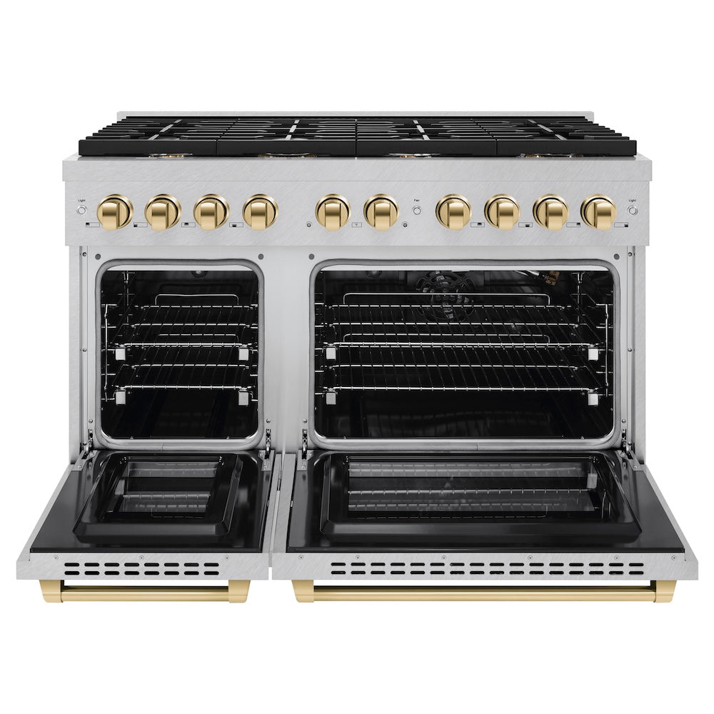 AutographEdition 48 in. 6.7 cu. ft. 8 Burner Double Oven Gas Range in DuraSnow Stainless Steel and Polished Gold Accents - (SGRSZ48G) -